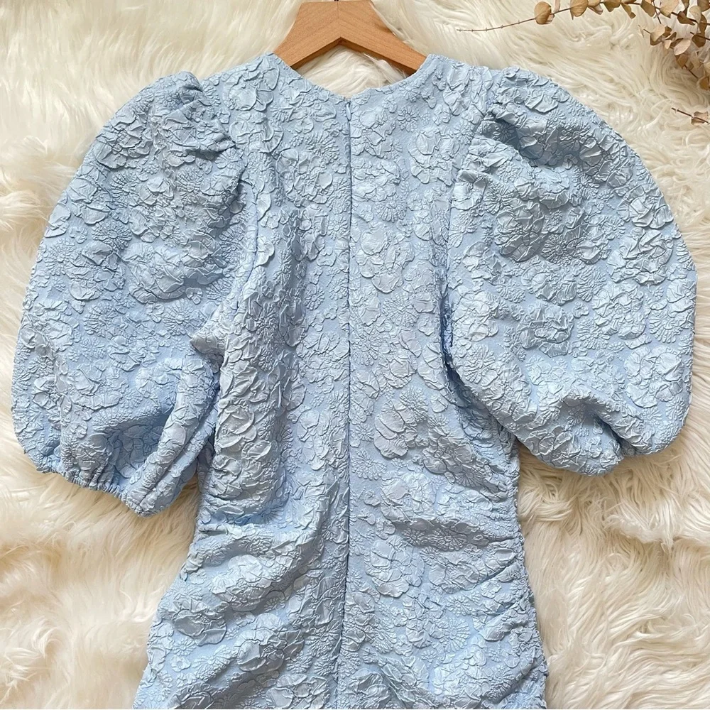 GANNI Sky Blue Jacquard Puff Sleeve Ruched Mini Dress NWT EU 34 US 2 XS - Picture 12 of 16